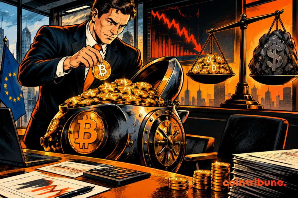 An executive places bitcoins in a piggy-bank-shaped safe, while an unbalanced scale and a downward-sloping chart illustrate the unrealized loss on Capital B’s Bitcoin holdings.