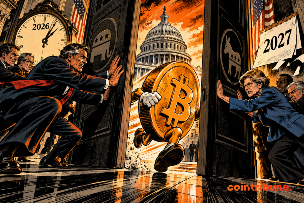 Bitcoin personified as a crypto queen, trapped between two doors inside the US Capitol as politicians clash on either side, with 2026 and 2027 symbolizing the urgency surrounding CLARITY Act regulation.