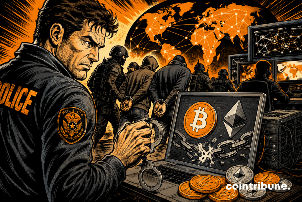 Illustration d’une opération mondiale contre le botnet Sality, montrant un policier face à des cybercriminels arrêtés, tandis qu’un ordinateur affiche les logos de Bitcoin et Ethereum, symbolisant le détournement de paiements crypto.