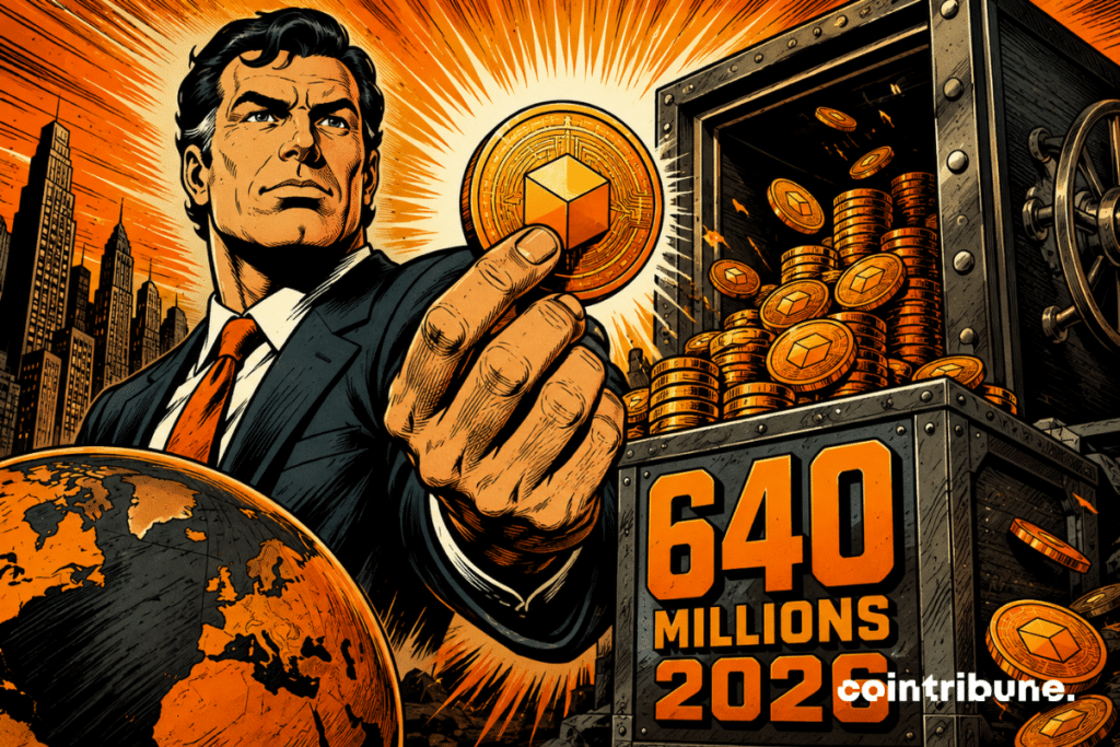 Illustration of a businessman holding a crypto token in front of a vault filled with digital coins, displaying 0 million.