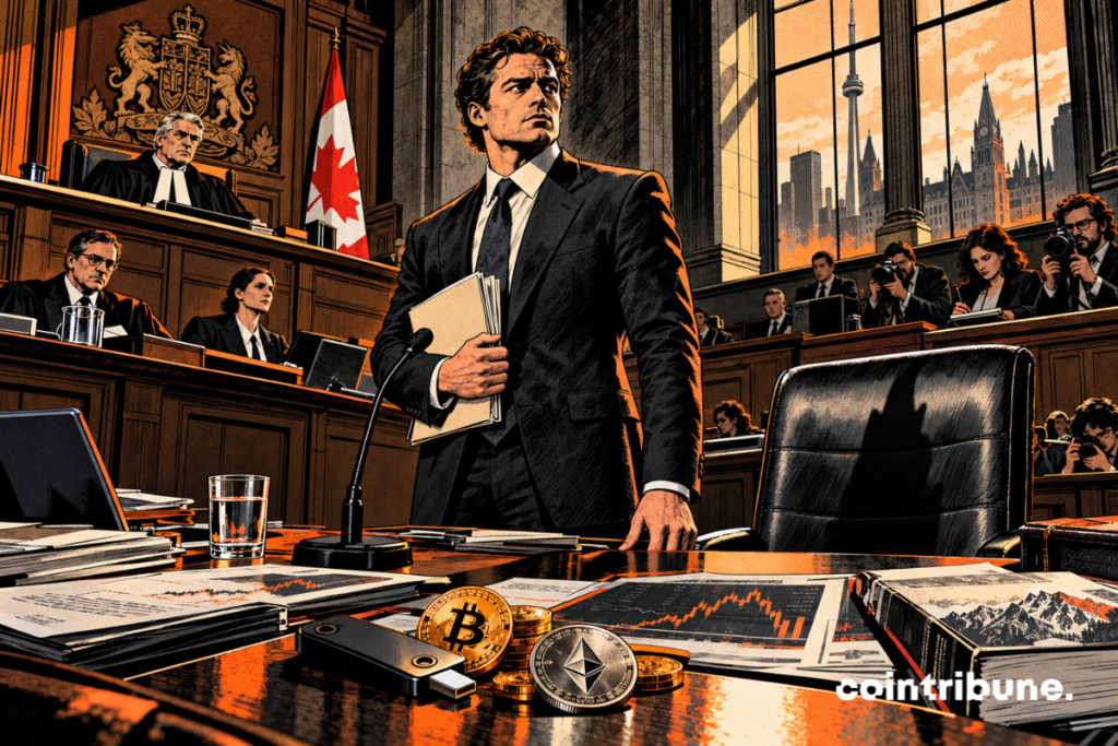 A defendant stands alone before a Canadian court, with an empty lawyer’s chair and crypto-related evidence on the table.