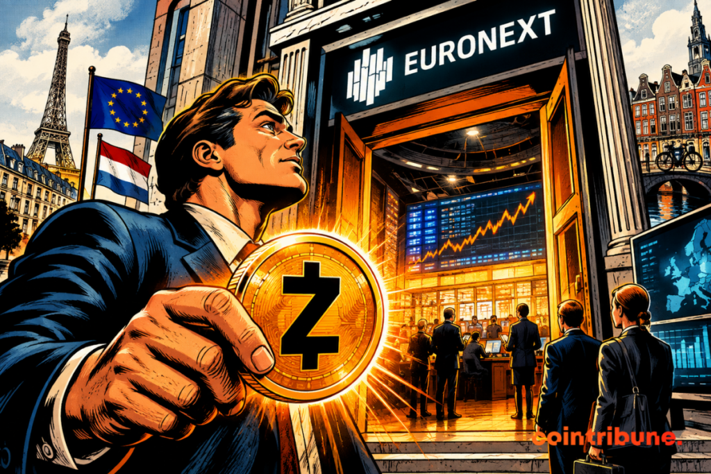 An investor holds crypto Zcash in front of Euronext’s open doors, with traders and a rising market chart in the background, alongside Paris and Amsterdam landmarks.