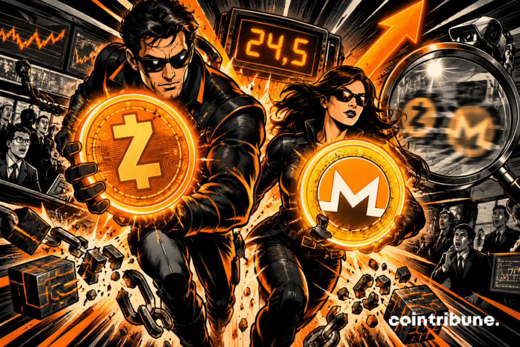 Deux traders futuristes brandissent des tokens Zcash et Monero lumineux dans un marché crypto en plein essor, tandis qu’une flèche orange s’élève derrière eux et qu’une loupe de surveillance tente de les identifier