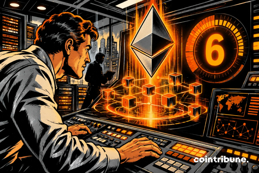 Un ingénieur surveille Ethereum dans une salle de contrôle rétro-futuriste, tandis qu’un compte à rebours orange affiche mystérieusement le chiffre 6.