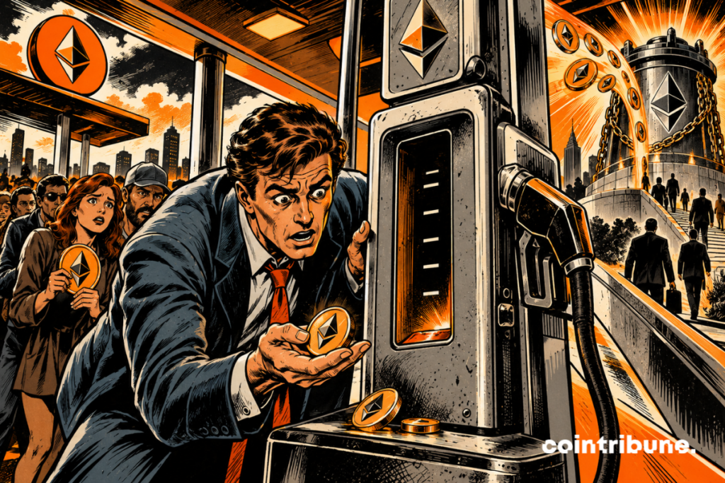 Un investisseur inquiet devant une pompe Ethereum presque vide, tandis qu’une foule attend et que des ETH sont aspirés vers le staking crypto