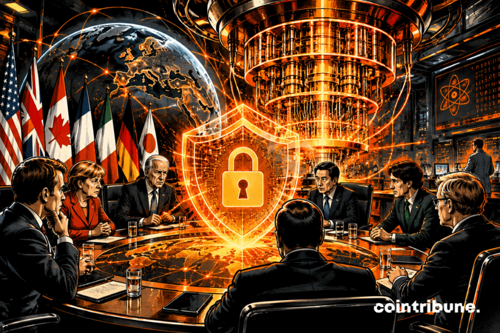Sept dirigeants face à un ordinateur quantique géant, protégeant un cadenas numérique mondial menacé par une énergie orange dévastatrice.
