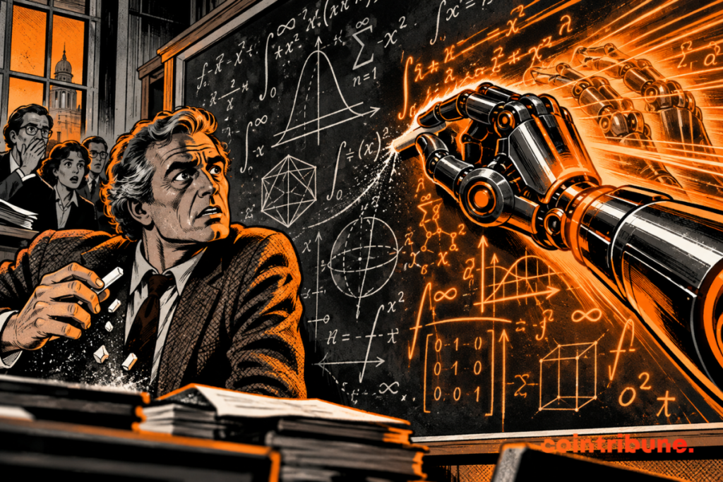 A worried mathematician watches AI rapidly solve complex equations on a blackboard.
