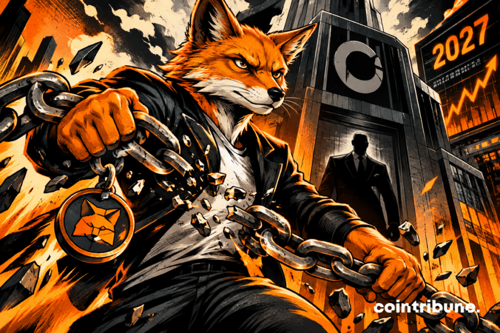 An orange fox breaks free from its chains, symbolizing MetaMask’s emancipation, while the year 2027 and the financial markets signal stock market ambitions.