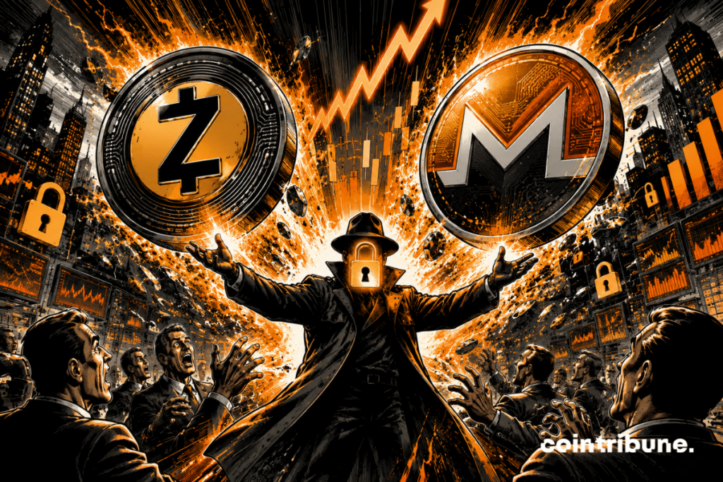 Zcash and Monero are soaring simultaneously, driven by an orange wave of confidence, while a mysterious guardian protects digital privacy.