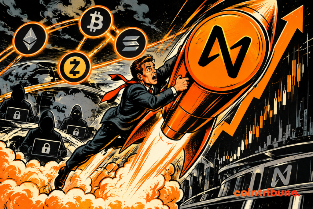 Une fusée orange représentant la crypto NEAR décolle à toute vitesse vers le haut, tandis qu’un trader en costume s’y accroche. En arrière-plan, des symboles de cryptomonnaies et des silhouettes anonymes évoquent les échanges privés et les transactions cross-chain.