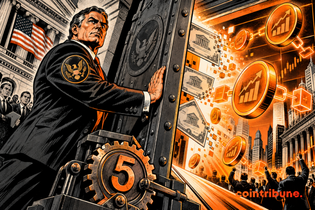 A US regulator opens a vault door onto Wall Street, where US stock tokenization turns traditional shares into orange digital tokens connected to a blockchain.