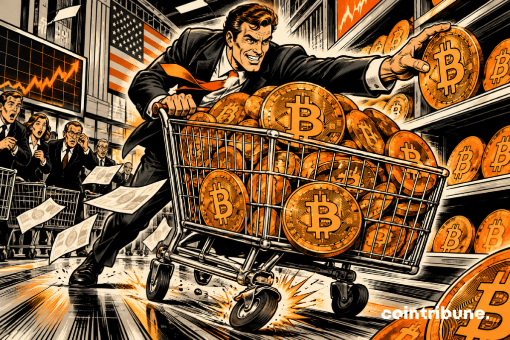 Un dirigeant poussant un chariot crypto débordant de bitcoin