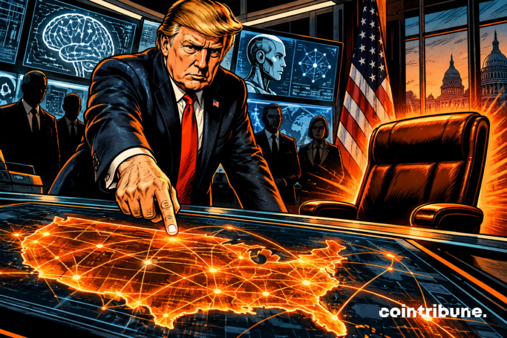Trump dirige une salle de commandement futuriste, tandis qu’une carte américaine connectée symbolise la mobilisation nationale autour de l’intelligence artificielle.