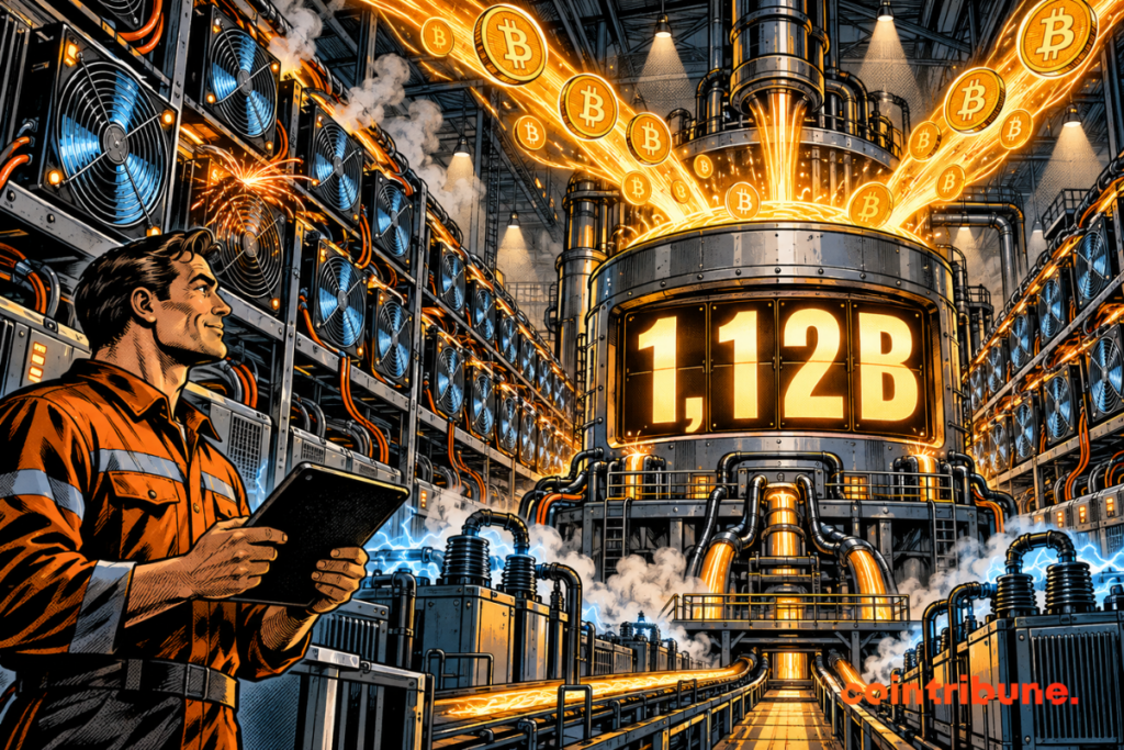 Une ferme de minage crypto produit des Bitcoin vers un réservoir affichant 1,12B.