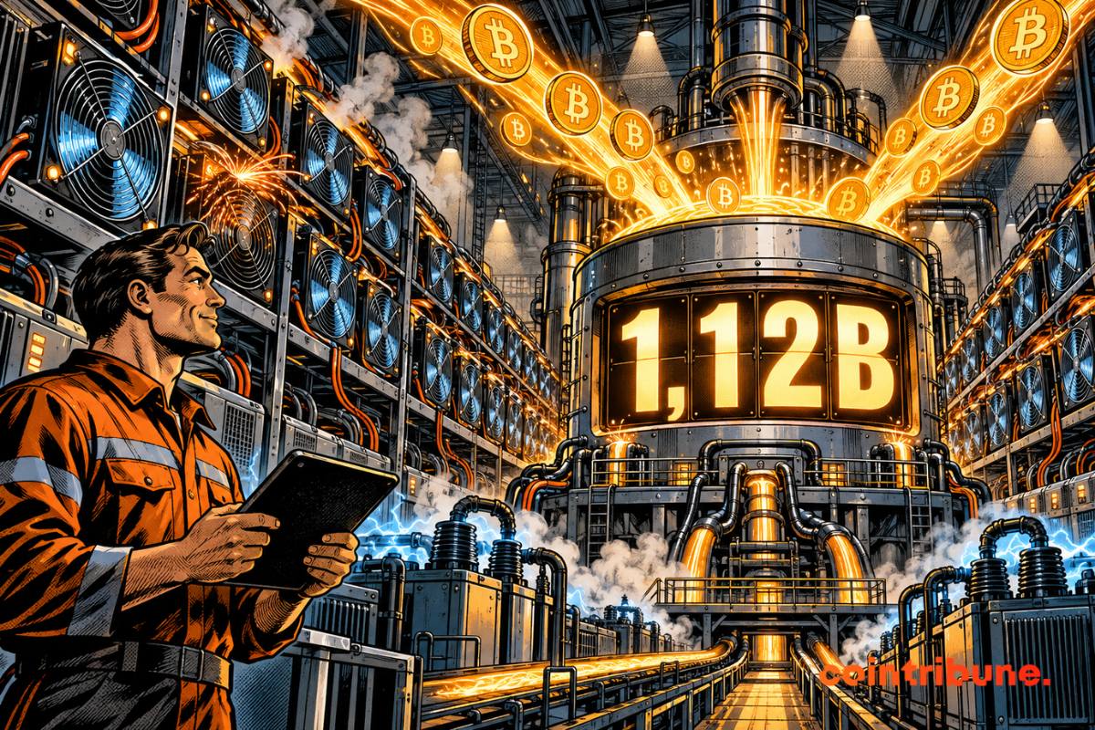 Une ferme de minage crypto produit des Bitcoin vers un réservoir affichant 1,12B.