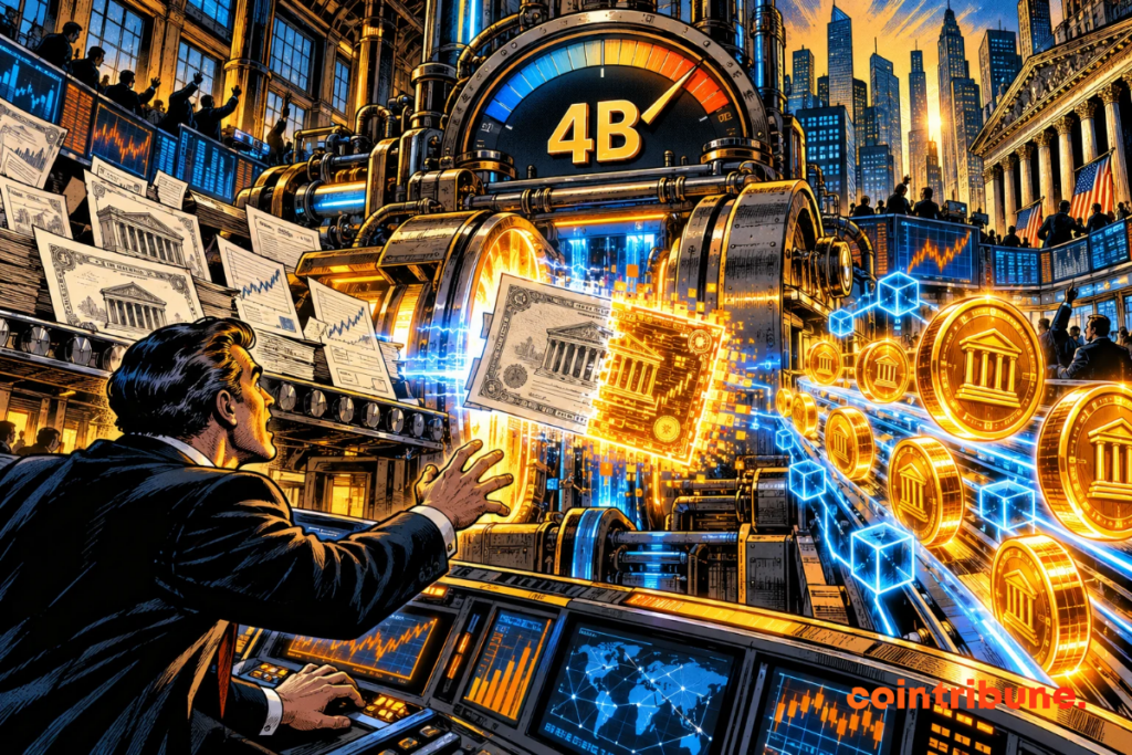A futuristic machine transforms stocks into digital tokens, as a crypto counter approaches billion.