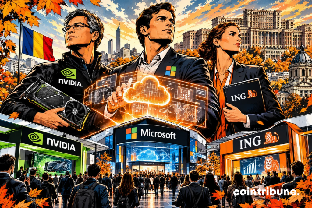 Illustration en style comics de trois silhouettes devant des stands NVIDIA, Microsoft et ING, avec une foule de visiteurs et un décor d'automne à Bucarest.