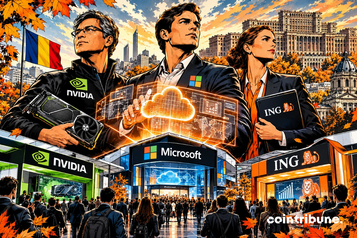 A comic-style illustration of three figures in front of the NVIDIA, Microsoft, and ING booths, with a crowd of visitors and an autumn setting in Bucharest.