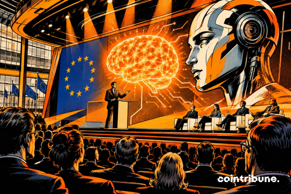 Programme AI Expo Europe : illustration d’une conférence sur l’IA, drapeau européen, cerveau lumineux et robot