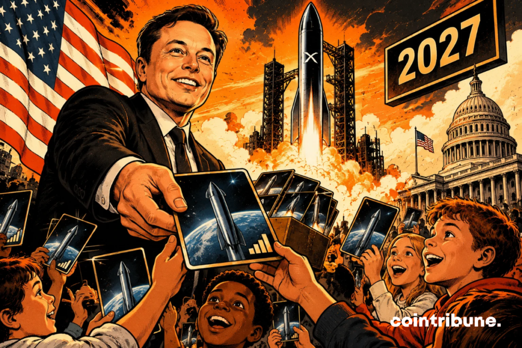 La scène illustre la promesse attribuée à Elon Musk d’offrir une action SpaceX à chaque enfant américain en 2027. Au premier plan, Elon Musk, souriant, distribue des cartes symbolisant des actions de son entreprise à des enfants enthousiastes. Leurs expressions traduisent l’espoir d’accéder à une part de l’aventure spatiale. En arrière-plan, une fusée SpaceX décolle, évoquant l’innovation et les ambitions de conquête spatiale. Le drapeau américain et le Capitole rappellent la dimension nationale de cette annonce. Le chiffre 2027 souligne l’échéance annoncée. L’ensemble représente une promesse ambitieuse, sans garantir sa concrétisation.
