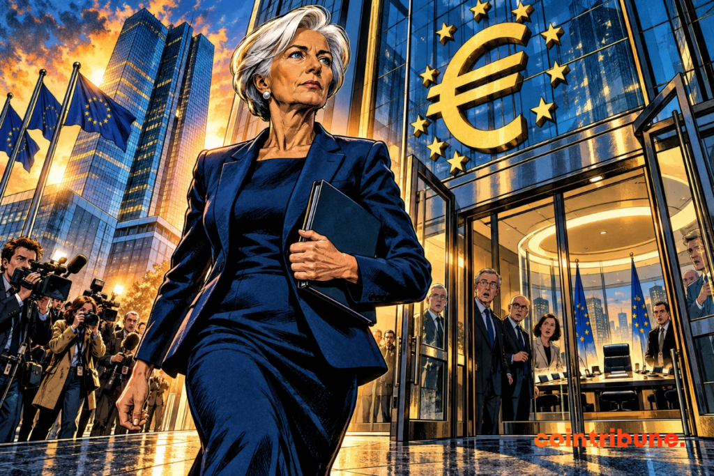 Christine Lagarde leaves the ECB headquarters in Frankfurt, as European officials and journalists look on in surprise.
