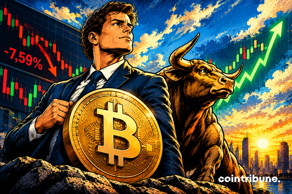 Un homme en costume tient une pièce dorée de bitcoin devant un taureau et des graphiques illustrant une chute de 7,59 % suivie d’une reprise haussière.
