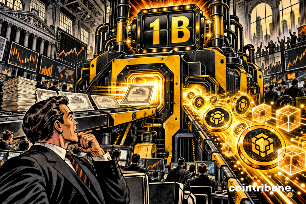 Une machine blockchain BNB transforme des actions en tokens crypto sous un compteur affichant 1B.