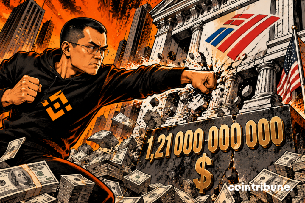 The scene illustrates the public attack by Changpeng Zhao (CZ), founder of Binance, against Bank of America following a .21 billion fine. In the foreground, a determined CZ symbolically strikes the facade of the American bank. His fist represents his fierce criticism, not an actual physical assault. The cracked building evokes the reputational pressure faced by the financial institution. The scattered banknotes and the colossal sum highlight the magnitude of the penalty. The American flag serves as a reminder of the regulatory context. Overall, it depicts a dramatic confrontation between a major crypto figure and traditional American finance.
