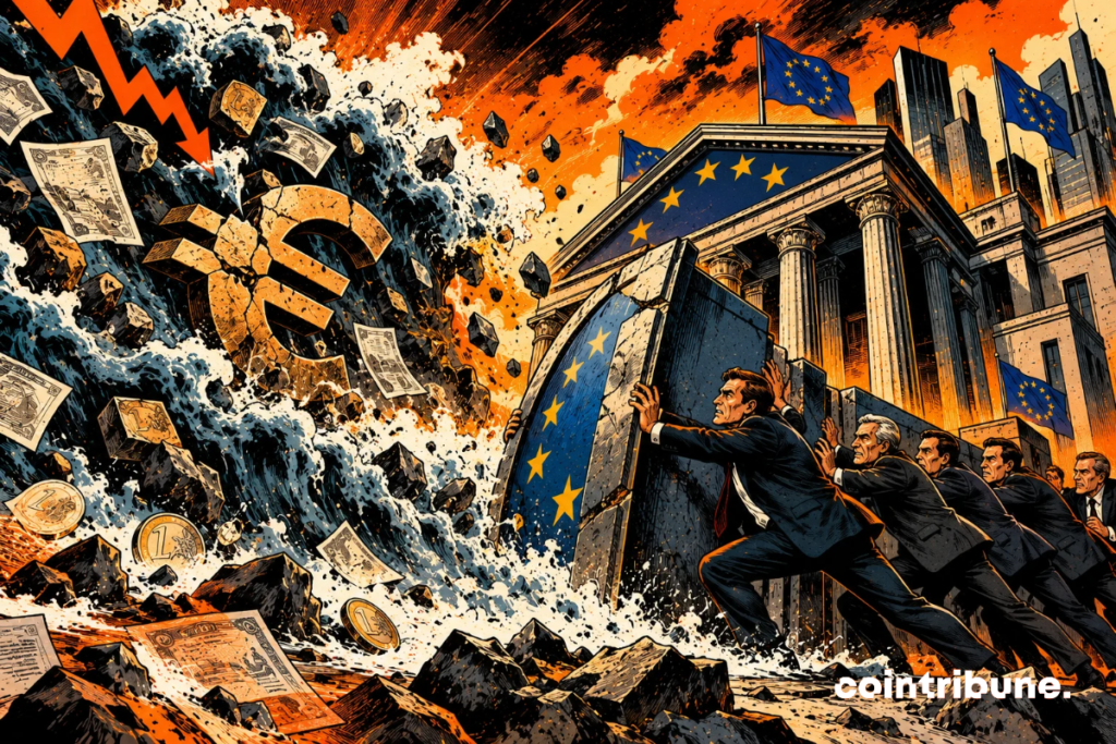 La scène illustre la menace d’une nouvelle crise de la dette pesant sur les banques européennes. À gauche, une gigantesque vague financière, chargée de billets, de pièces et d’un symbole euro fissuré, représente l’accumulation des dettes et les risques économiques. À droite, plusieurs banquiers tentent désespérément de maintenir un immense bouclier aux couleurs européennes. Derrière eux, un bâtiment bancaire monumental symbolise la solidité des institutions financières. Les expressions tendues et les débris accentuent la gravité du danger. L’ensemble interroge la capacité des banques européennes à résister à un nouveau choc financier, sans présumer de leur effondrement.