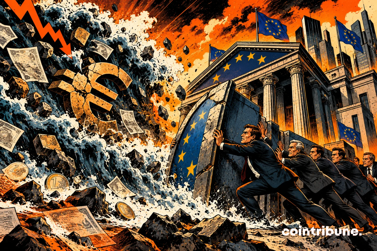 La scène illustre la menace d’une nouvelle crise de la dette pesant sur les banques européennes. À gauche, une gigantesque vague financière, chargée de billets, de pièces et d’un symbole euro fissuré, représente l’accumulation des dettes et les risques économiques. À droite, plusieurs banquiers tentent désespérément de maintenir un immense bouclier aux couleurs européennes. Derrière eux, un bâtiment bancaire monumental symbolise la solidité des institutions financières. Les expressions tendues et les débris accentuent la gravité du danger. L’ensemble interroge la capacité des banques européennes à résister à un nouveau choc financier, sans présumer de leur effondrement.