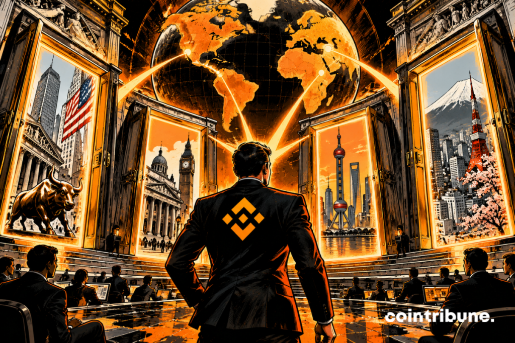 Un dirigeant Binance en costume noir devant un immense globe terrestre, quatre portes monumentales entrouvertes révélant quatre places boursières internationales différentes, faisceaux orange reliant Binance aux destinations, ambiance de conquête financière encore envisagée.