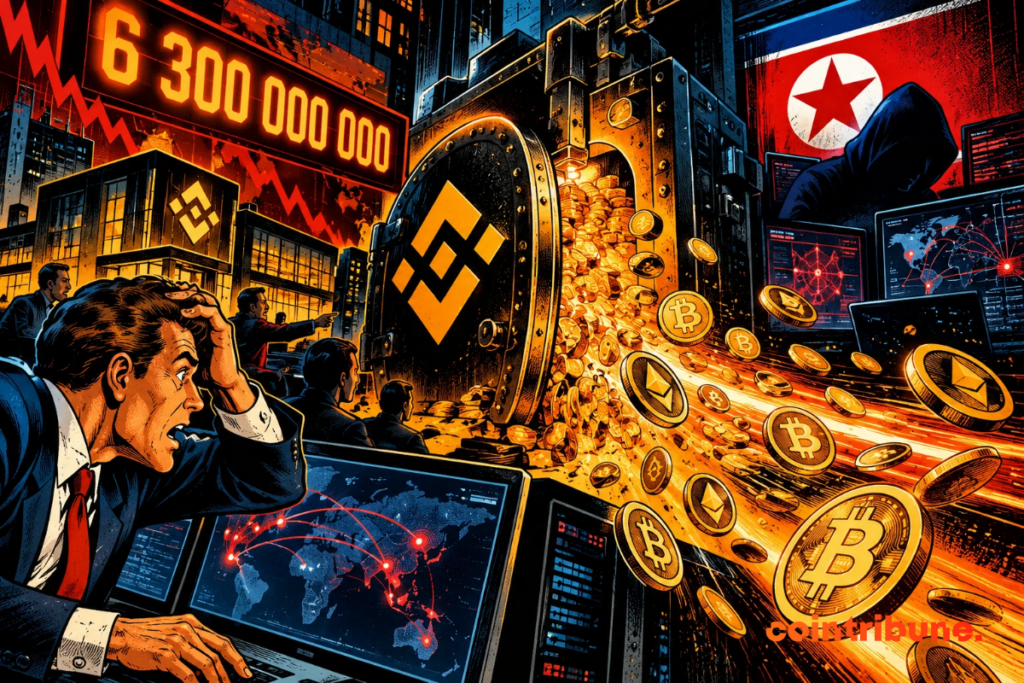 A Binance crypto vault spills billions of dollars, while a suspected hacker appears in front of a North Korean flag.