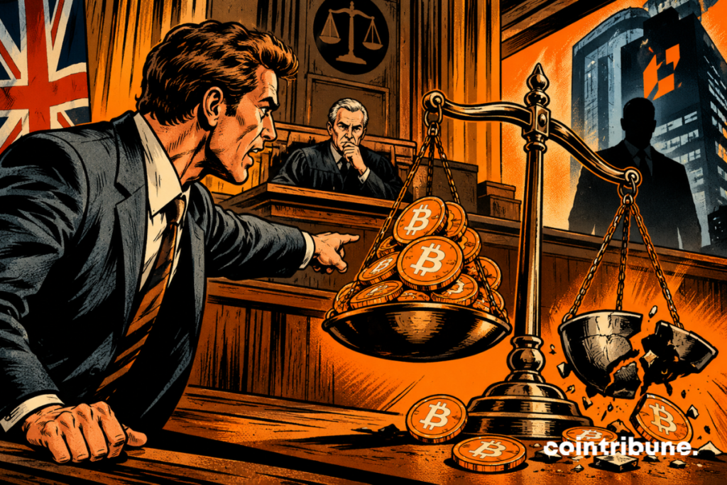 BitMEX faces UK legal action as an unbalanced scale symbolizes a trader's claim for 324.8 BTC.
