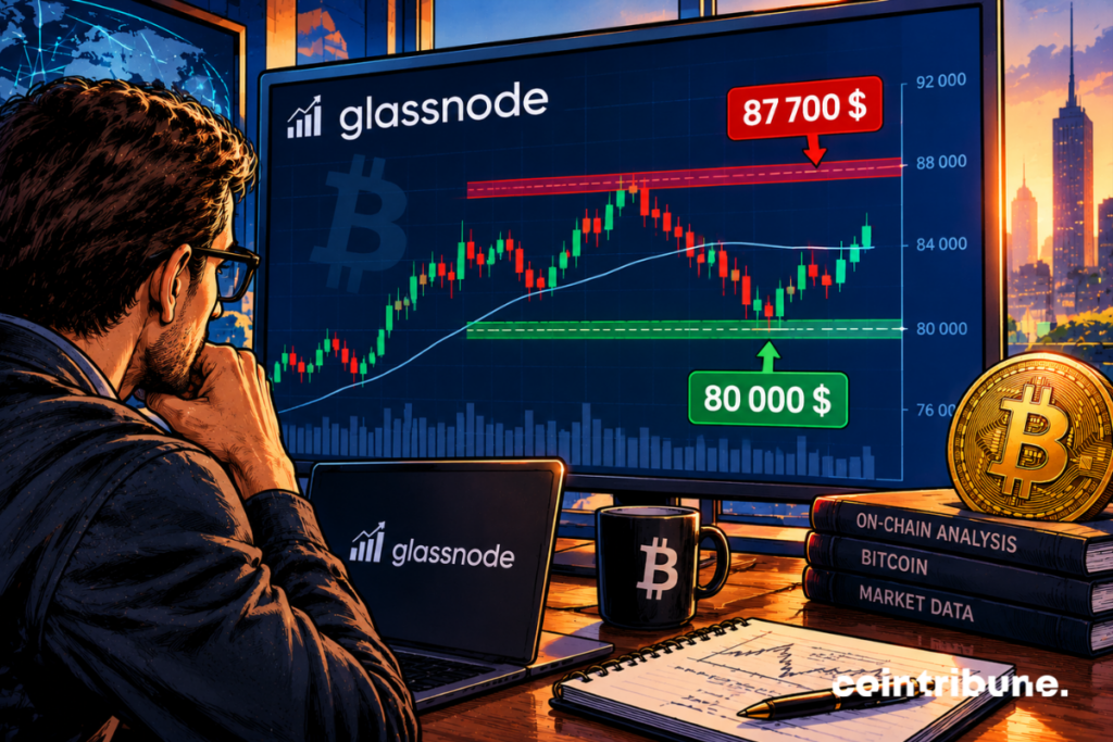 Analyst examining a Bitcoin chart showing resistance at ,700 and support at ,000, according to Glassnode.
