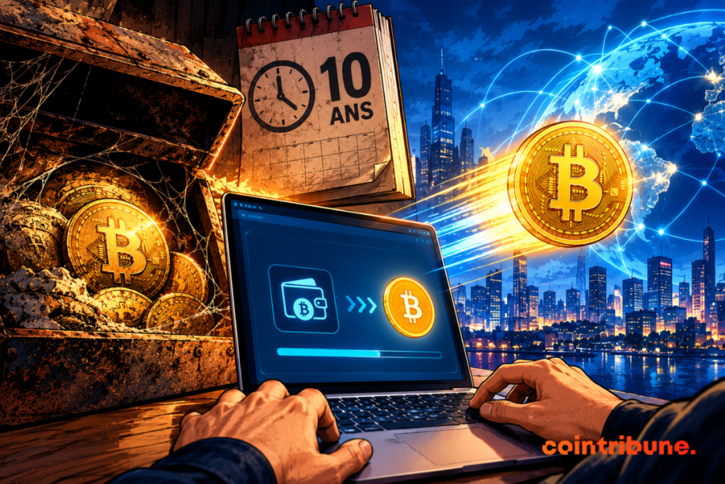 Illustration du Bitcoin montrant le transfert de cryptomonnaies sur un ordinateur, avec une pièce Bitcoin dorée, un portefeuille numérique et un calendrier symbolisant une décennie d'évolution.