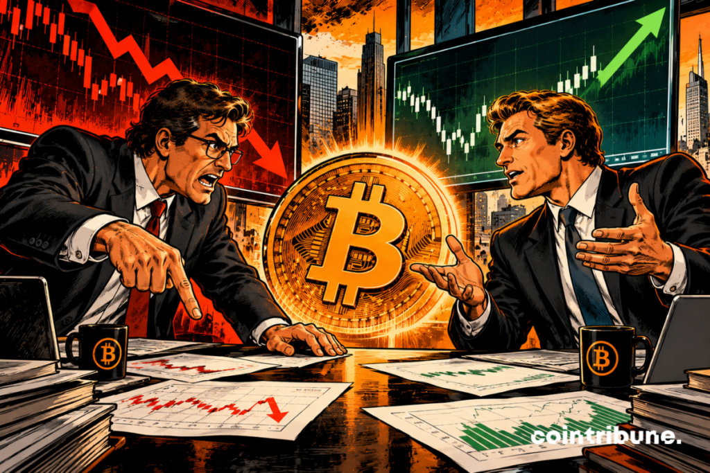 The scene illustrates the disagreement between two analysts regarding the risk of a sharp decline in Bitcoin. On the left, a pessimistic expert points to a plunging red chart, convinced that a major correction threatens the market. On the right, a more optimistic analyst defends a bullish perspective, supported by green financial indicators. At the center, a gigantic Bitcoin coin separates the two protagonists, symbolizing the asset at the heart of the debate. Their tense expressions and energetic gestures highlight their differences of opinion. Overall, it depicts market uncertainty, where the same data can fuel radically opposing short-term forecasts for Bitcoin.