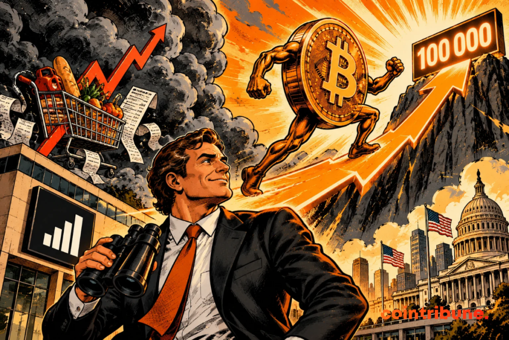 La escena ilustra el optimismo de Bitwise respecto a un Bitcoin a 100 000 dólares a pesar de las presiones inflacionistas. En primer plano, un analista financiero sonriente observa con confianza las perspectivas del mercado. Detrás de él, un Bitcoin personificado asciende por una flecha alcista hacia la cumbre de los 100 000 dólares, simbolizando este objetivo ambicioso. A la izquierda, las nubes oscuras, el carro de la compra y los recibos representan la inflación persistente. El Capitolio estadounidense recuerda el contexto económico y monetario de Estados Unidos. El conjunto contrapone las incertidumbres macroeconómicas a la confianza de Bitwise, sin presentar esta subida como algo garantizado.