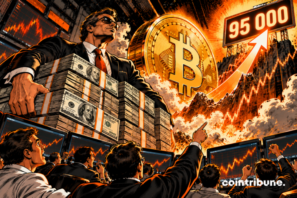 The scene illustrates a colossal .5 billion bet on a possible Bitcoin surge to ,000. In the foreground, an imposing investor, surrounded by mountains of cash, symbolizes the financial power behind this operation. The gigantic Bitcoin coin represents the coveted asset, while the ascending arrow points toward the ,000 target. Enthusiastic traders and bullish charts reflect the market's excitement. The orange and black ambiance heightens the speculative tension. However, this depiction remains symbolic: ,000 is an envisioned target, not a level already reached.