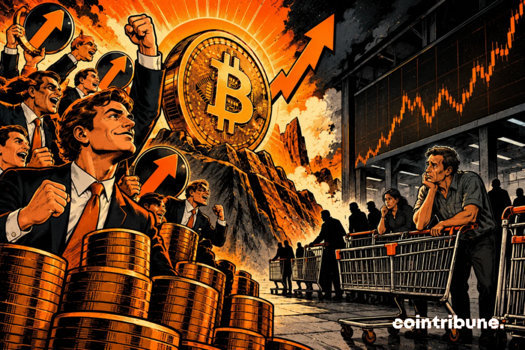 La scène illustre le contraste entre la persistance des paris haussiers sur Bitcoin et le manque d’acheteurs sur le marché. À gauche, des traders enthousiastes célèbrent une possible hausse, entourés de flèches ascendantes et de piles de pièces symbolisant leur optimisme. Au centre, un gigantesque Bitcoin lumineux incarne leurs ambitions financières. À droite, des investisseurs hésitants poussent des chariots vides, représentant la faiblesse de la demande réelle. Les graphiques financiers soulignent l’incertitude du marché. Le contraste entre lumière orange et ombres noires accentue cette divergence. L’ensemble suggère une dynamique haussière fragile, faute de nouveaux capitaux acheteurs.