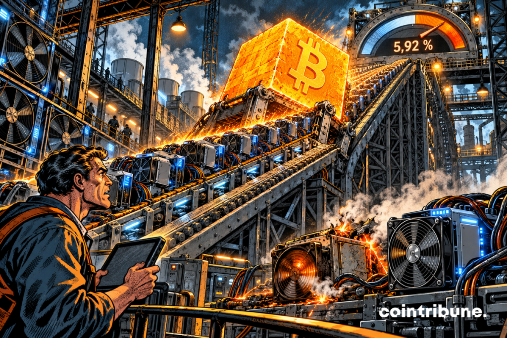 Des machines de minage Bitcoin poussent un bloc géant sur une rampe plus raide sous un cadran affichant 5,92 %.