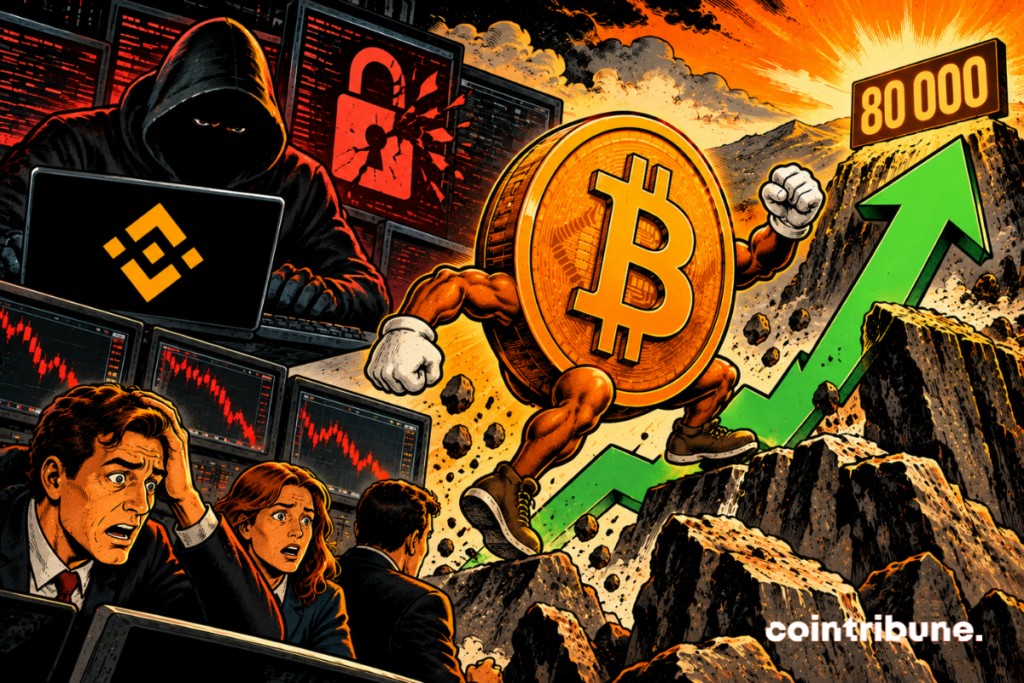 The scene illustrates Bitcoin's attempt to rebound towards 80,000 dollars following a hack associated with Binance. On the left, a hooded hacker manipulates a computer displaying the Binance logo, while a broken padlock symbolizes the cyberattack. In the foreground, panicked traders watch bearish charts, reflecting market concerns. On the right, a gigantic personified Bitcoin coin climbs a mountain, propelled by an ascending green arrow. The 80,000 sign represents the targeted price objective. The rising sun evokes the hope of a recovery. Overall, it contrasts security turbulence with Bitcoin's potential resilience.