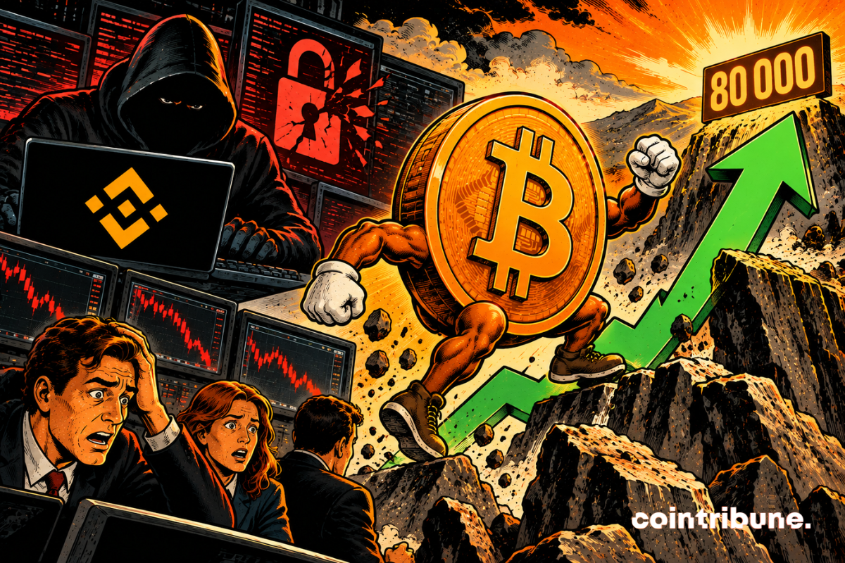 The scene illustrates Bitcoin's attempt to rebound towards 80,000 dollars following a hack associated with Binance. On the left, a hooded hacker manipulates a computer displaying the Binance logo, while a broken padlock symbolizes the cyberattack. In the foreground, panicked traders watch bearish charts, reflecting market concerns. On the right, a gigantic personified Bitcoin coin climbs a mountain, propelled by an ascending green arrow. The 80,000 sign represents the targeted price objective. The rising sun evokes the hope of a recovery. Overall, it contrasts security turbulence with Bitcoin's potential resilience.