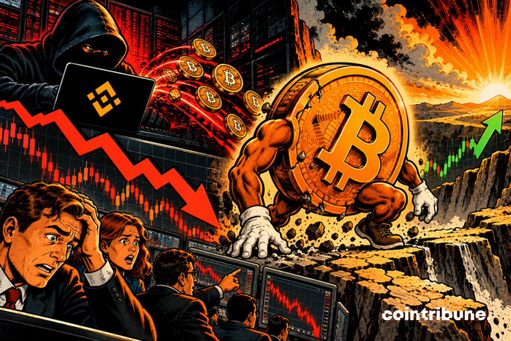 The scene illustrates Bitcoin's decline following the Binance hack, without a true market collapse. On the left, a hooded hacker manipulates a computer displaying the Binance logo, while red charts symbolize selling pressure. In the foreground, several panicked traders watch their screens, fearing a prolonged drop. At the center, a gigantic personified Bitcoin coin, cracked but still standing, represents the cryptocurrency's resilience. On the right, an ascending green arrow and a rising sun suggest a possible stabilization. Overall, it contrasts initial panic with Bitcoin's resilience in the face of market turbulence.