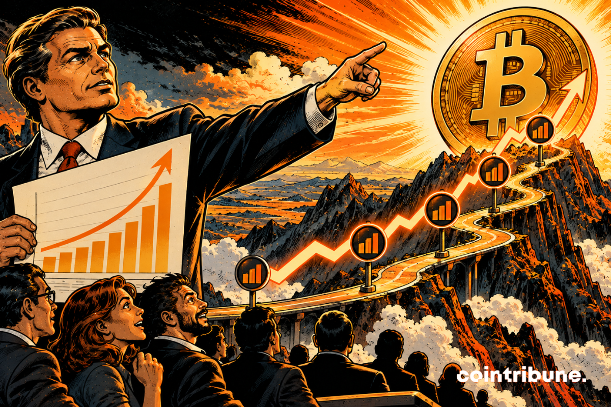 La scène illustre les prévisions optimistes de Bitwise concernant une forte progression du Bitcoin au cours des dix prochaines années. Au premier plan, un analyste financier pointe vers un immense Bitcoin lumineux dominant les montagnes, symbolisant un objectif ambitieux. Dans sa main, un graphique ascendant représente les perspectives de croissance à long terme. Une route sinueuse gravit les sommets, évoquant les différentes étapes et les obstacles possibles avant cette progression. En bas, des investisseurs enthousiastes contemplent cet avenir prometteur. Les couleurs orange et noir renforcent l'optimisme. L'ensemble traduit une vision haussière, sans garantir la réalisation de ces prévisions.