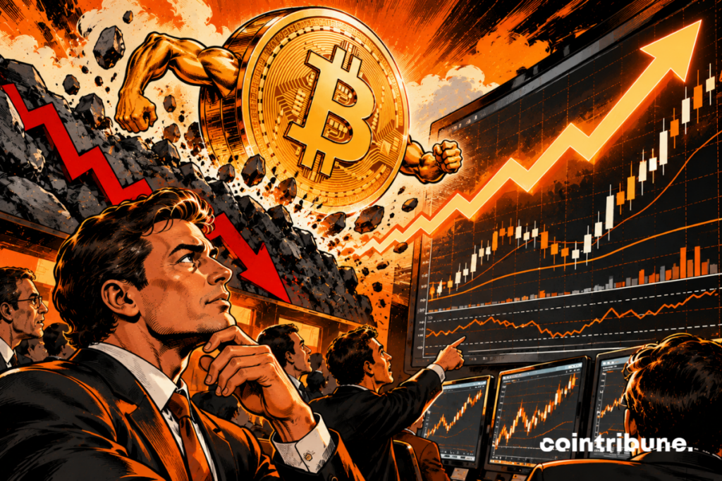The scene illustrates the bullish signals identified by BloFin despite Bitcoin's recent correction. On the left, the descending red arrow and broken rocks symbolize the market's recent drop. At the center, a powerful and determined personified Bitcoin emerges from the rubble, embodying the possibility of a rebound. On the right, financial charts and the large ascending orange arrow represent the encouraging technical indicators highlighted by BloFin. Analysts carefully observe these signals, torn between caution and optimism. The central message: despite the turbulence, Bitcoin retains bullish potential, without any guarantee of an immediate recovery.