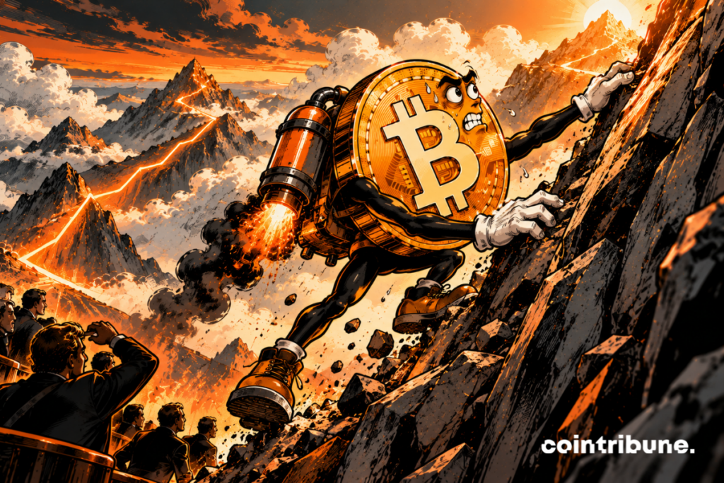 A personified Bitcoin occupies two-thirds of the image, clinging to a gigantic ascending financial ramp. Behind it, the first part of the road rises steeply and remains illuminated in orange, showing the growth already achieved. But ahead, the slope steepens abruptly, becoming almost vertical. Bitcoin attempts to keep going: body leaning forward, face strained, legs under tension. Its foot slips slightly as one hand searches for a new handhold.