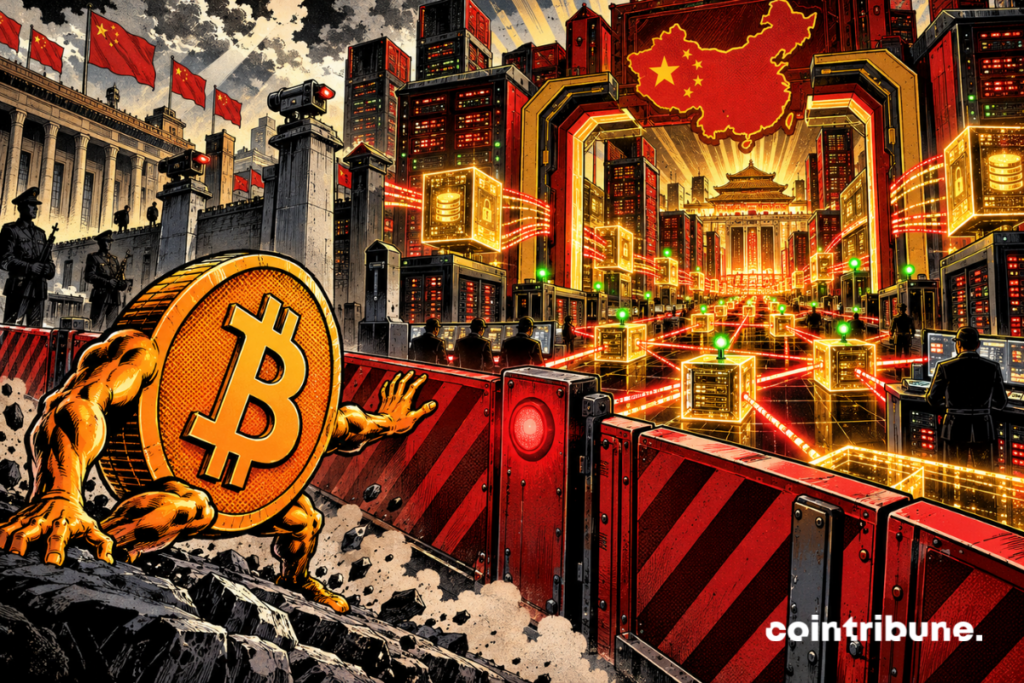 Un Bitcoin reste bloqué derrière une barrière tandis qu’un vaste réseau blockchain chinois s’étend en arrière-plan.