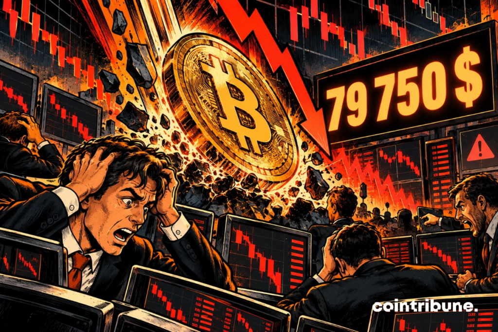 The scene illustrates Bitcoin's drop to ,750 and the acceleration of liquidations in the crypto market. At the center, a gigantic Bitcoin coin collapses violently, accompanied by debris and a descending red arrow. In the foreground, several panicked traders hold their heads in front of their screens, symbolizing financial losses and the forced closure of leveraged positions. Red charts accentuate the selling pressure. The ,750 amount dominates the composition, recalling the level reached. Overall, it depicts a bearish spiral where liquidations can amplify Bitcoin's fall.
