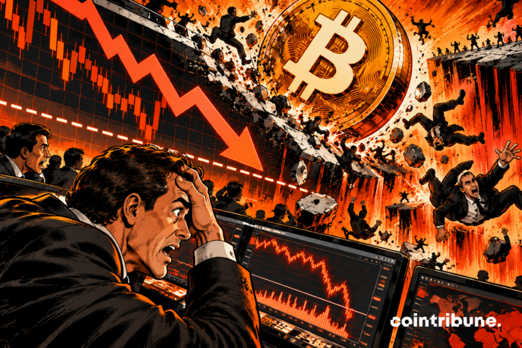 La scène illustre la chute du Bitcoin sous les 82000 dollars, entraînant 406 millions de dollars de liquidations de positions haussières sur le marché crypto. Au centre, une gigantesque pièce Bitcoin s’effondre, détruisant les plateformes financières sur son passage. La flèche rouge descendante symbolise la pression vendeuse et la brutalité du recul. Les traders projetés dans le vide représentent les investisseurs ayant parié sur une hausse et dont les positions ont été liquidées. Au premier plan, un investisseur paniqué observe les graphiques plongeants. L’ensemble traduit une réaction en chaîne de pertes et de liquidations forcées.