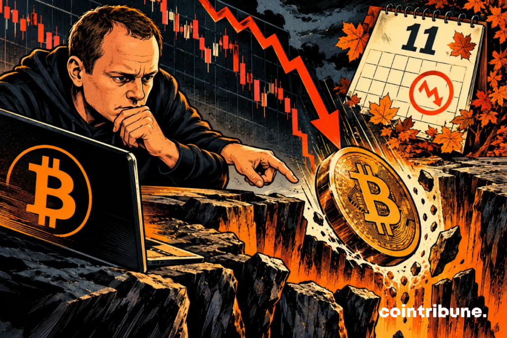 The scene illustrates Benjamin Cowen's pessimistic forecasts, predicting a new low for Bitcoin in November. In the foreground, the analyst appears focused and concerned, watching a gigantic Bitcoin coin tip into a financial abyss. The descending red arrow and bearish charts symbolize the risk of a new market correction. On the right, the calendar showing 11 and autumn leaves evoke the month of November, the timeframe targeted by this prediction. The orange and black colors heighten the dramatic tension. Overall, it underscores the uncertainty surrounding Bitcoin, without presenting this anticipated decline as a certainty.
